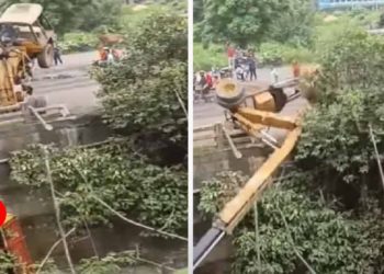 ট্ৰাক তুলি থাকোঁতে হঠাতে তাঁৰ ছিগি চালকসহ ক্ৰেন পৰিল ১৫ ফুট তলত !